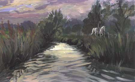 This image is of a rider on a white horse riding along a grassy canal in the evening light.